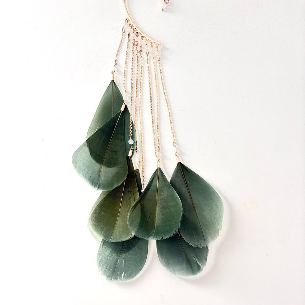 Green Feather Bejeweled Ear Cuff, Gold Hardware - Picture 4 of 5
